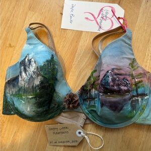 Bra Hand Painted “Happy Little Mountains” Unique 38D Art Bob Ross inspired